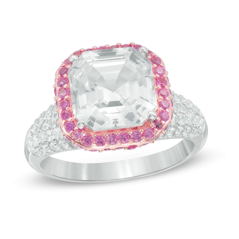 Princess-Cut Lab-Created White and Pink Sapphire Frame Ring in Sterling Silver and 14K Rose Gold Plate|Peoples Jewellers