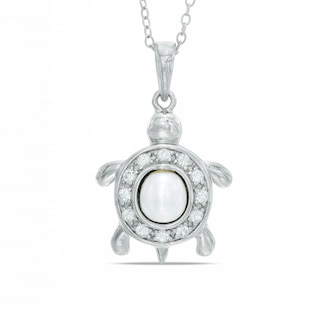 5.5-6.0mm Oval Freshwater Cultured Pearl and Lab-Created White Sapphire Turtle Pendant in Sterling Silver