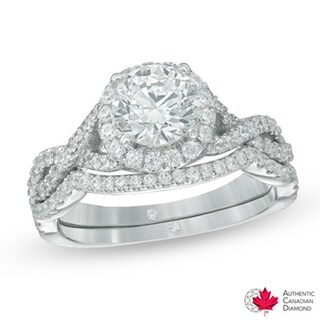 1.24 CT. T.W. Certified Canadian Diamond Frame Twist Shank Bridal Set in 14K White Gold (I/I2)