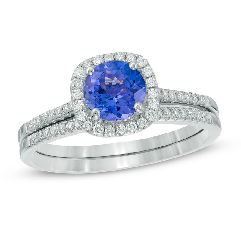 Your Stone Your Story™ 6.0mm Tanzanite and 0.24 CT. T.W. Diamond Cushion Frame Bridal Set in 14K White Gold|Peoples Jewellers