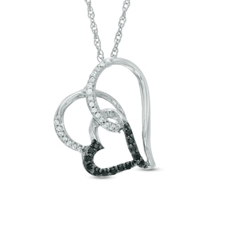 0.15 CT. T.W. Enhanced Black and White Diamond Tilted Looping Double Heart Pendant in Sterling Silver