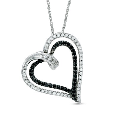 0.45 CT. T.W. Enhanced Black and White Diamond Tilted Double Heart Pendant in Sterling Silver