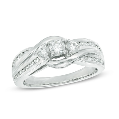 0.45 CT. T.W. Diamond Three Stone Bypass Ring in 10K White Gold