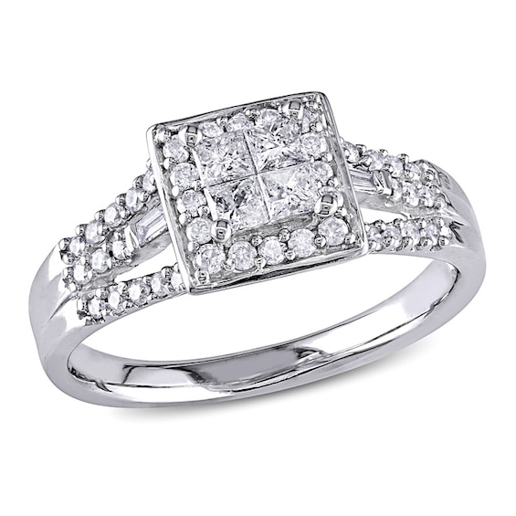 0.53 CT. T.W. Quad Princess-Cut Diamond Three Row Split Shank Engagement Ring in 10K White Gold