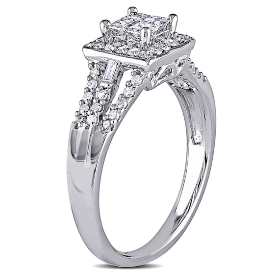 0.53 CT. T.W. Quad Princess-Cut Diamond Three Row Split Shank Engagement Ring in 10K White Gold