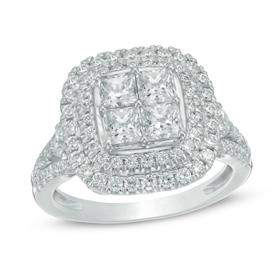 1.95 CT. T.W. Princess-Cut Quad Diamond Double Cushion Frame Engagement Ring in 14K White Gold