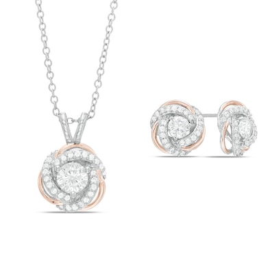 Lab-Created White Sapphire Love Knot Pendant and Earrings Set in Sterling Silver with 18K Rose Gold Plate