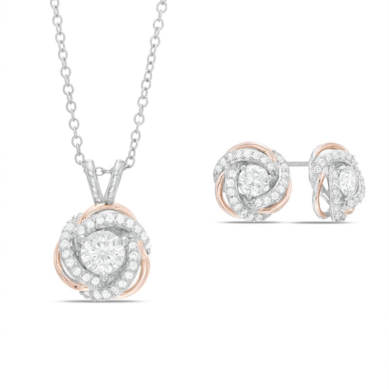 Lab-Created White Sapphire Love Knot Pendant and Earrings Set in Sterling Silver with 18K Rose Gold Plate|Peoples Jewellers