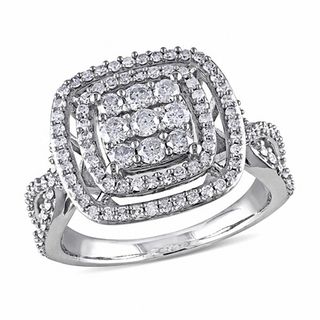 0.95 CT. T.W. Square Composite Diamond Double Frame Split Shank Engagement Ring in 10K White Gold