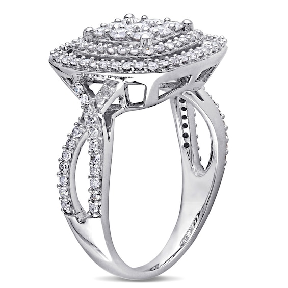 0.95 CT. T.W. Square Composite Diamond Double Frame Split Shank Engagement Ring in 10K White Gold