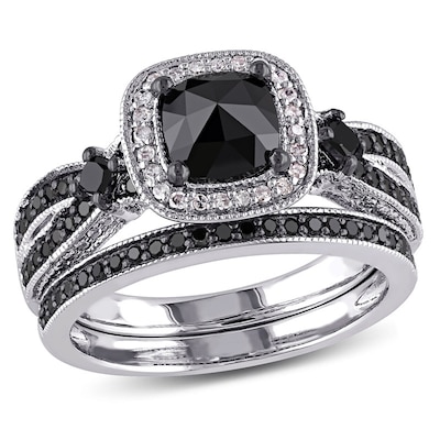 1.50 CT. T.W. Cushion-Shaped Enhanced Black and White Diamond Square Frame Bridal Set in Sterling Silver