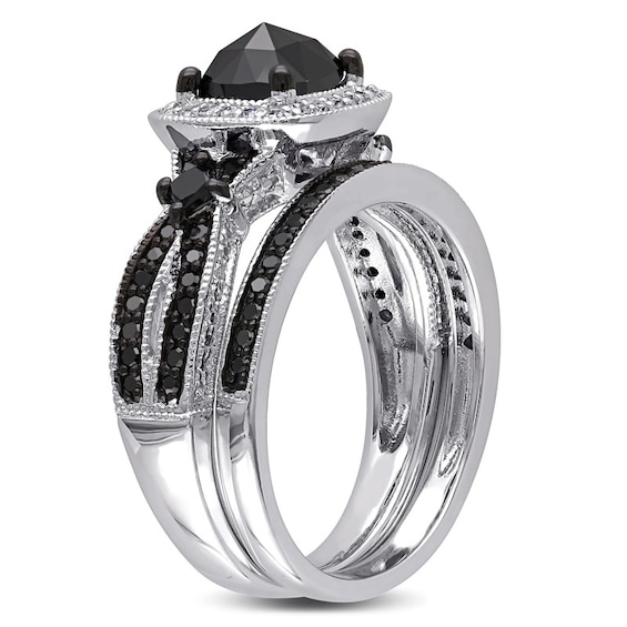 1.50 CT. T.W. Cushion-Shaped Enhanced Black and White Diamond Square Frame Bridal Set in Sterling Silver