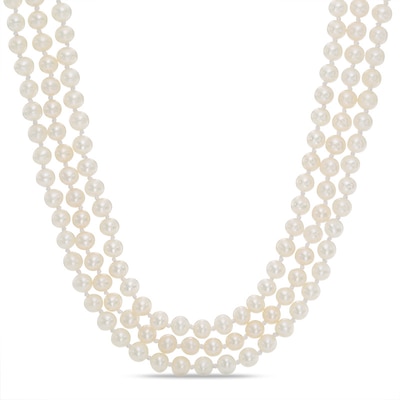 Freshwater Cultured Pearl and Cushion-Cut White Quartz Doublet Triple Strand Necklace with Sterling Silver Clasp