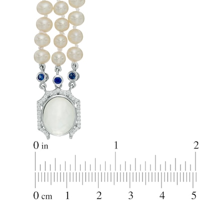 Freshwater Cultured Pearl and Cushion-Cut White Quartz Doublet Triple Strand Necklace with Sterling Silver Clasp