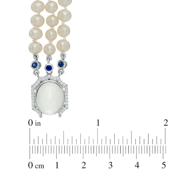 Freshwater Cultured Pearl and Cushion-Cut White Quartz Doublet Triple Strand Necklace with Sterling Silver Clasp