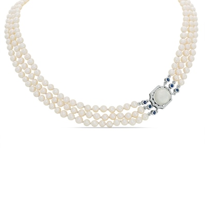 Freshwater Cultured Pearl and Cushion-Cut White Quartz Doublet Triple Strand Necklace with Sterling Silver Clasp