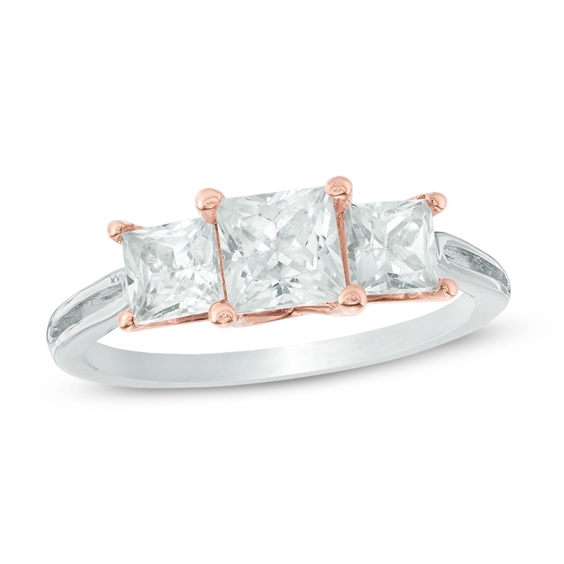 5.0mm Princess-Cut Lab-Created White Sapphire Three Stone Ring in Sterling Silver and 10K Rose Gold|Peoples Jewellers