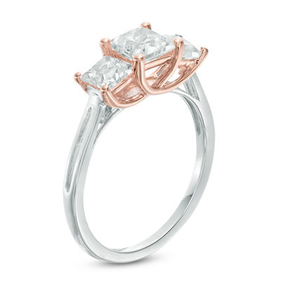 5.0mm Princess-Cut Lab-Created White Sapphire Three Stone Ring in Sterling Silver and 10K Rose Gold