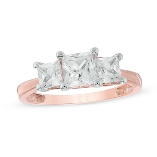 5.2mm Princess-Cut Lab-Created White Sapphire Three Stone Ring in 10K Rose Gold