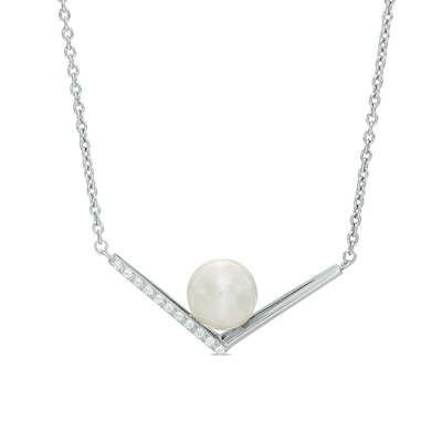 7.0-8.0mm Freshwater Cultured Pearl and White Topaz Chevron Necklace in Sterling Silver