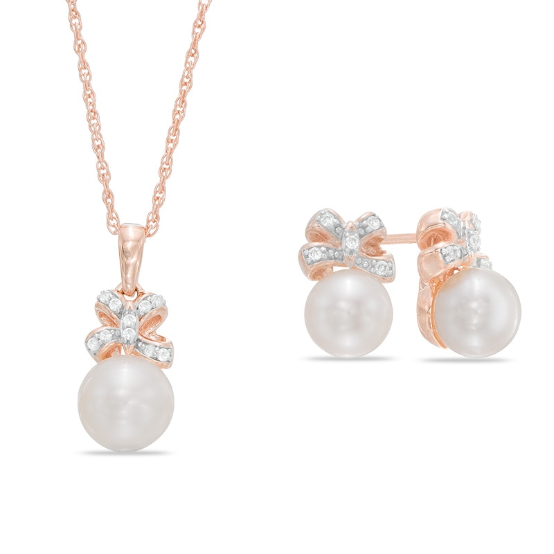 Freshwater Cultured Pearl Bow Pendant and Earrings Set in Sterling Silver with 14K Rose Gold Plate|Peoples Jewellers