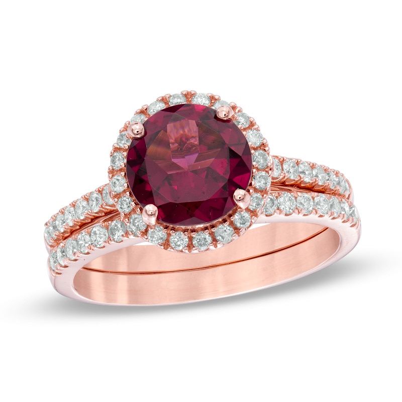 Your Stone Your Story™ 8.0mm Rhodolite Garnet and 0.43 CT. T.W. Diamond Frame Bridal Set in 14K Rose Gold|Peoples Jewellers