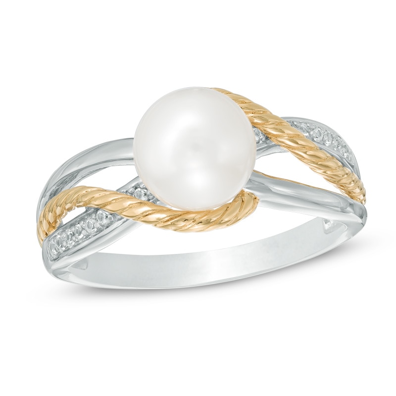 Freshwater Cultured Pearl and Lab-Created White Sapphire Bypass Ring in Sterling Silver and 14K Gold Plate|Peoples Jewellers