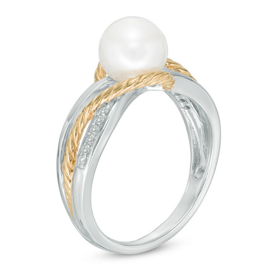 Freshwater Cultured Pearl and Lab-Created White Sapphire Bypass Ring in Sterling Silver and 14K Gold Plate