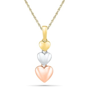 Triple Heart Linear Drop Pendant in 10K Tri-Tone Gold