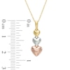 Triple Heart Linear Drop Pendant in 10K Tri-Tone Gold