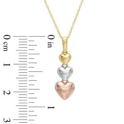 Triple Heart Linear Drop Pendant in 10K Tri-Tone Gold