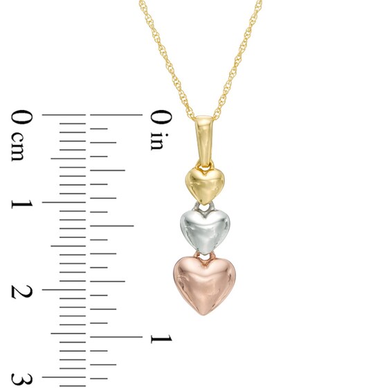 Triple Heart Linear Drop Pendant in 10K Tri-Tone Gold