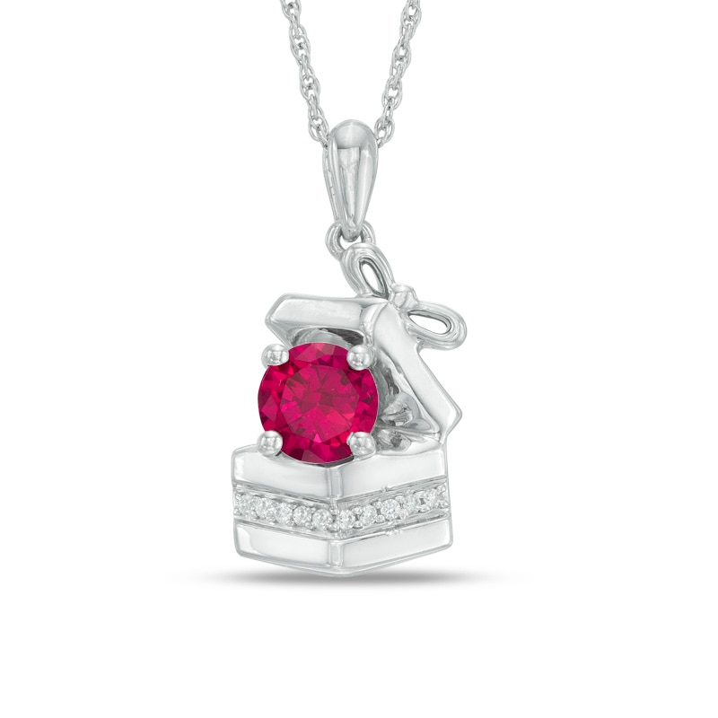 6.0mm Lab-Created Ruby and Diamond Accent Gift Box Pendant in Sterling Silver|Peoples Jewellers