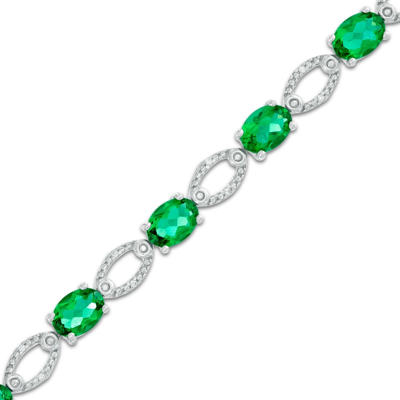Oval Lab-Created Emerald and Diamond Accent Bracelet in Sterling Silver - 7.5"