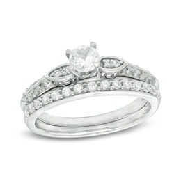 4.0mm Lab-Created White Sapphire and 0.18 CT. T.W. Diamond Bridal Set in 10K White Gold