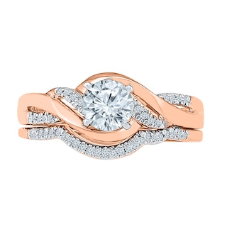 White Lab-Created Sapphire and Diamond Accent Twist Bridal Set in 10K Rose Gold