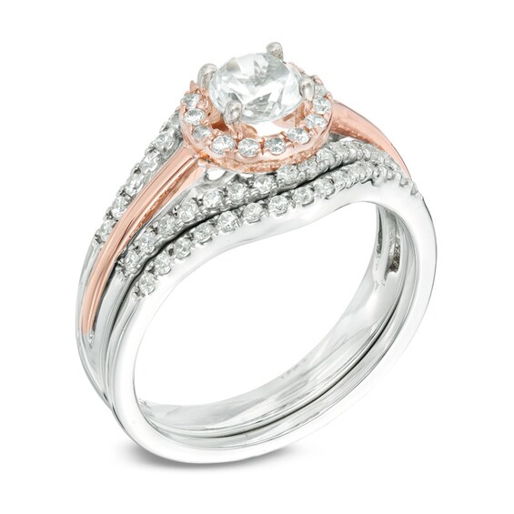 4.8mm Lab-Created White Sapphire and 0.22 CT. T.W. Diamond Frame Bridal Set in Sterling Silver and 10K Rose Gold