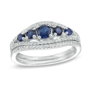 Lab-Created Blue Sapphire and 0.22 CT. T.W. Diamond Split Shank Bridal Set in 10K White Gold