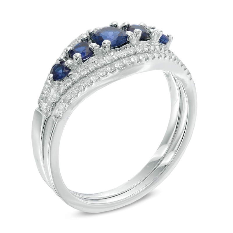Lab-Created Blue Sapphire and 0.22 CT. T.W. Diamond Split Shank Bridal Set in 10K White Gold