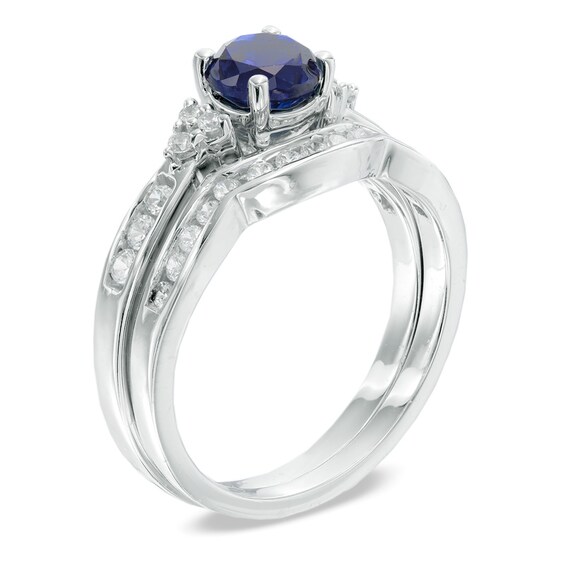 4.8mm Lab-Created Blue Sapphire and 0.37 CT. T.W. Diamond Tri-Sides Bridal Set in 10K White Gold