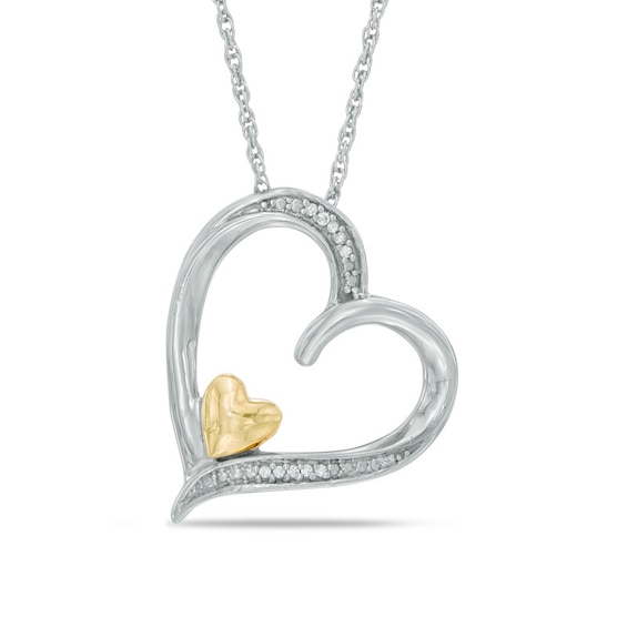 Diamond Accent Tilted Double Heart Pendant in Sterling Silver and 10K Gold