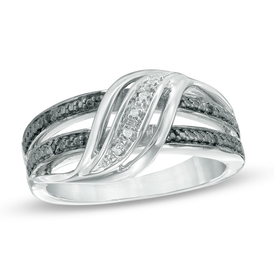 Black and White Diamond Accent Split Wave Double Row Ring in Sterling Silver