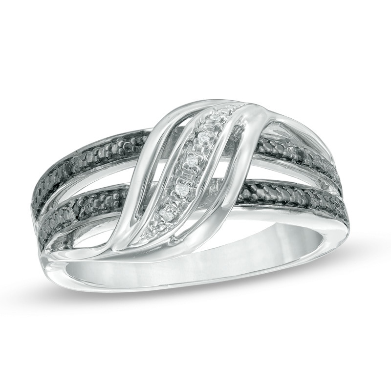 Black and White Diamond Accent Split Wave Double Row Ring in Sterling Silver|Peoples Jewellers