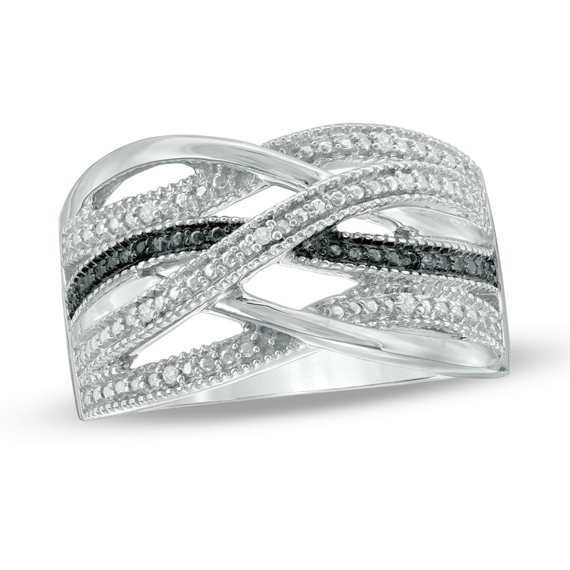 Black and White Diamond Accent Loose Woven Multi-Row Ring in Sterling Silver|Peoples Jewellers