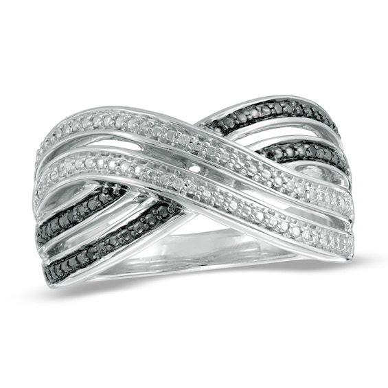 Black and White Diamond Accent Double Ribbon Crossover Ring in Sterling Silver