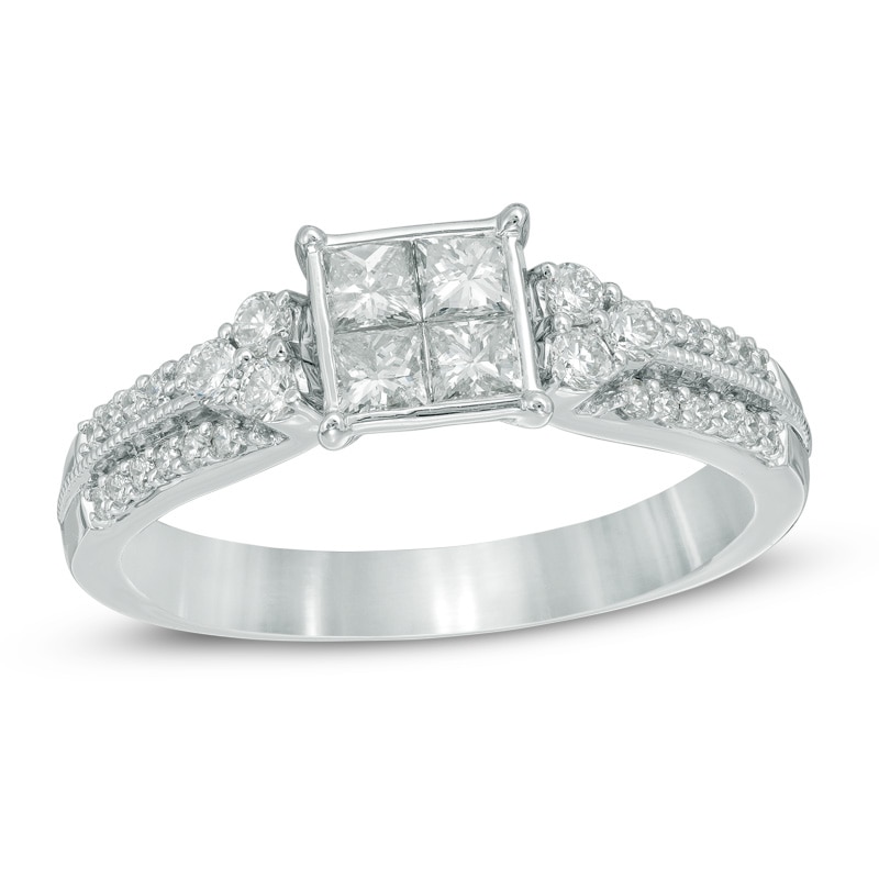 0.75 CT. T.W. Princess-Cut Quad Diamond Vintage-Style Two Row Engagement Ring in 10K White Gold|Peoples Jewellers