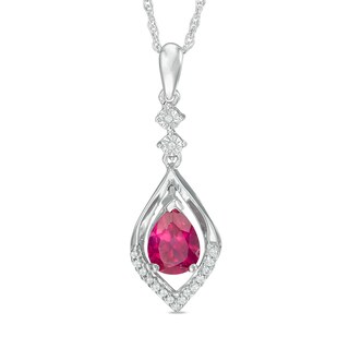 Pear-Shaped Lab-Created Ruby and Diamond Accent Flame Drop Pendant in Sterling Silver