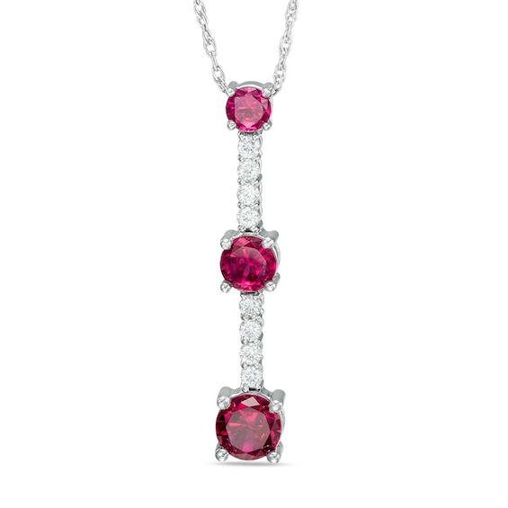 Lab-Created Ruby and White Sapphire Linear Three Stone Pendant in Sterling Silver