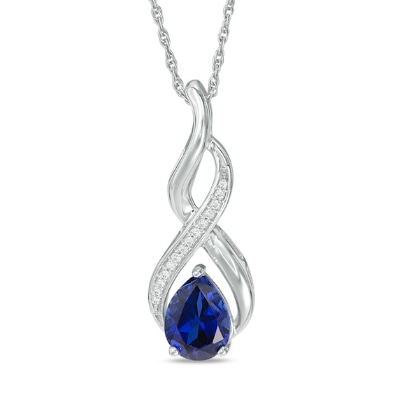 Pear-Shaped Lab-Created Blue Sapphire and Diamond Accent Cascading Flame Pendant in Sterling Silver