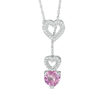 6.0mm Lab-Created Pink Sapphire and 0.11 CT. T.W. Diamond Heart Lariat Necklace in Sterling Silver